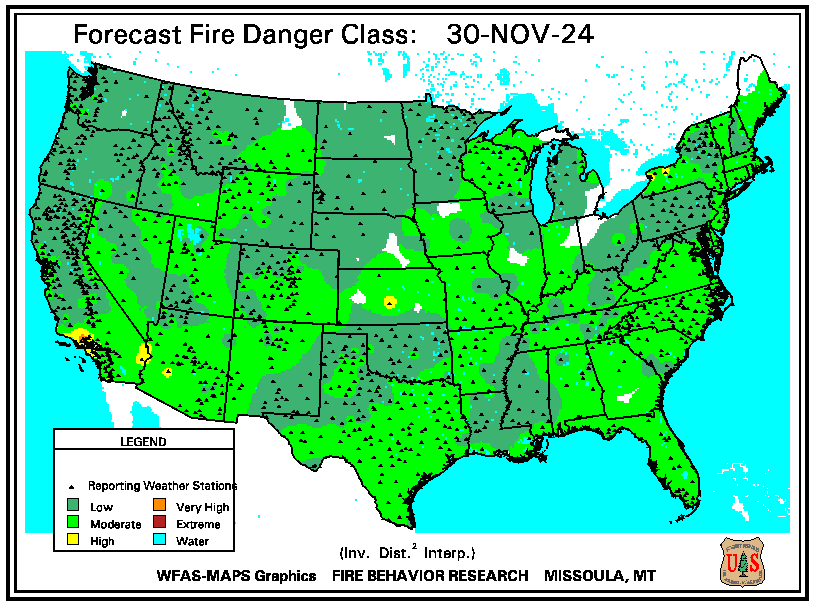 Image of the current fire danger conditions across the US